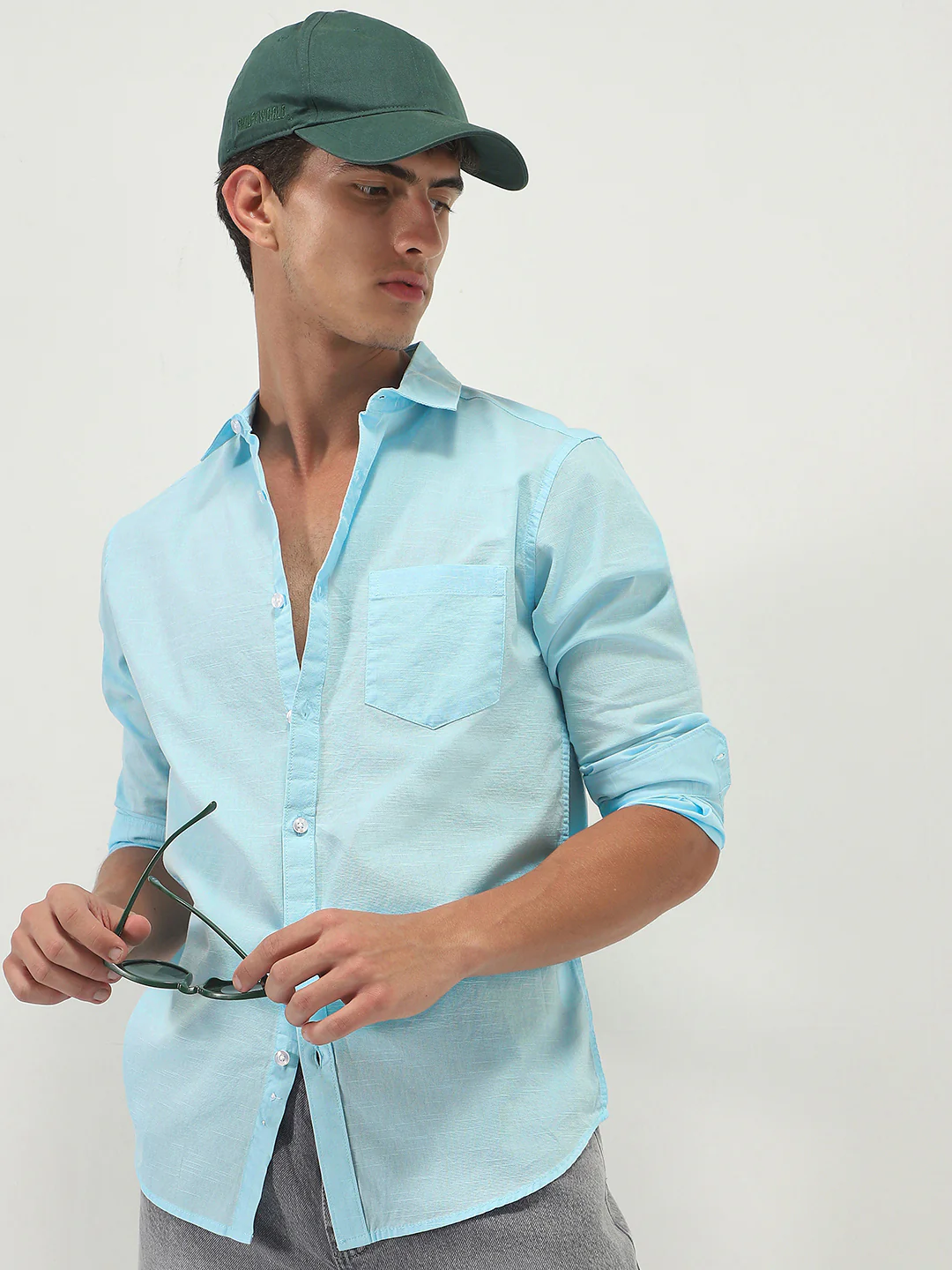 Men's Light Blue Cotton Full Sleeve Regular Fit Casual Solid Slub Shirt with Spread Collar