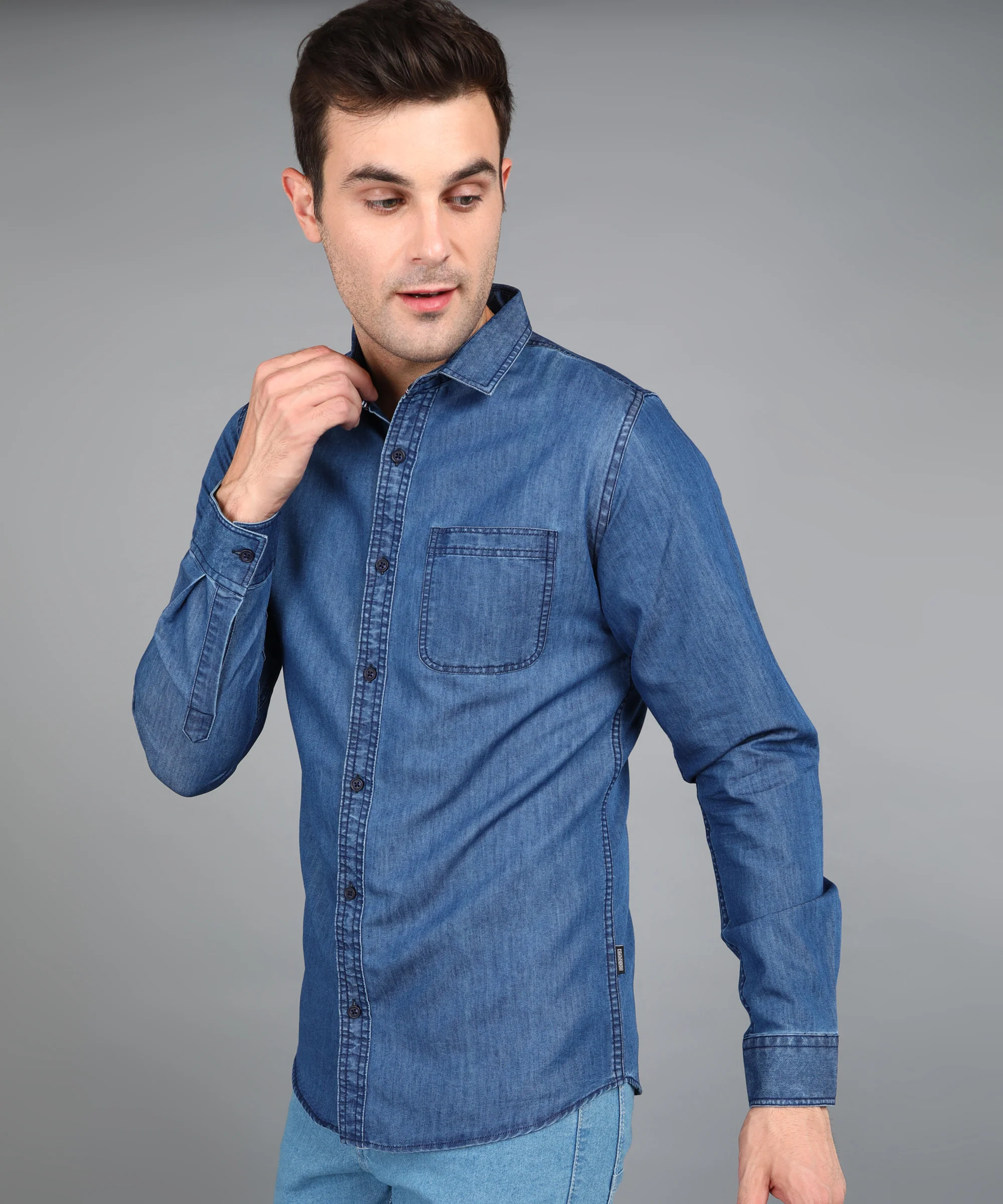 Men's Light Blue Denim Full Sleeve Slim Fit Washed Casual Shirt - Image 2