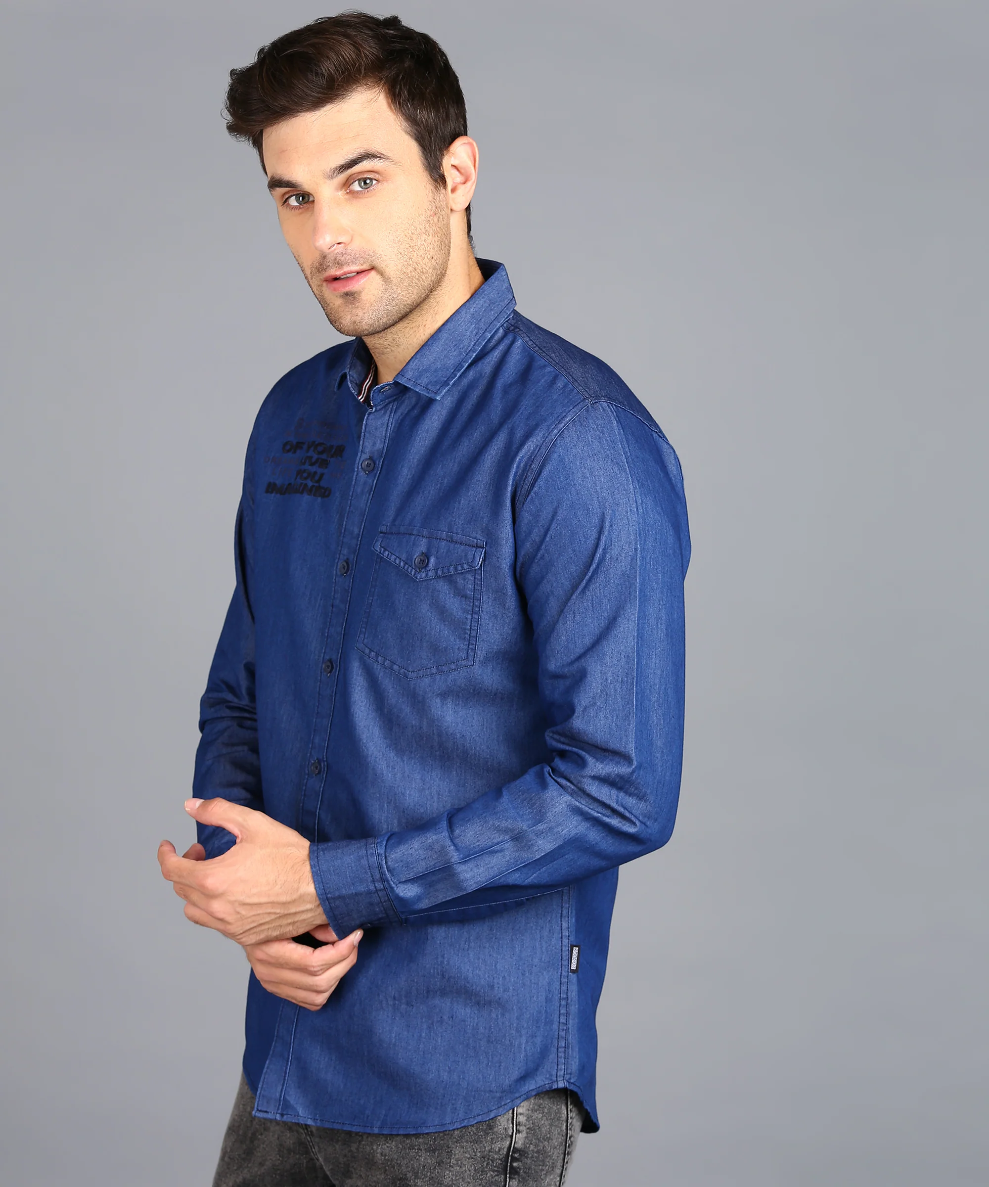 Men's Light Blue Denim Full Sleeve Slim Fit Washed Casual Shirt - Image 2