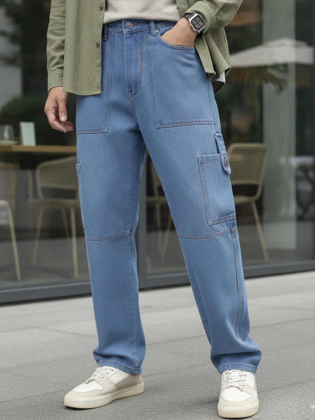 Men's Light Blue Loose Baggy Fit Washed Cargo Jeans with 6 Pockets Non-Stretchable
