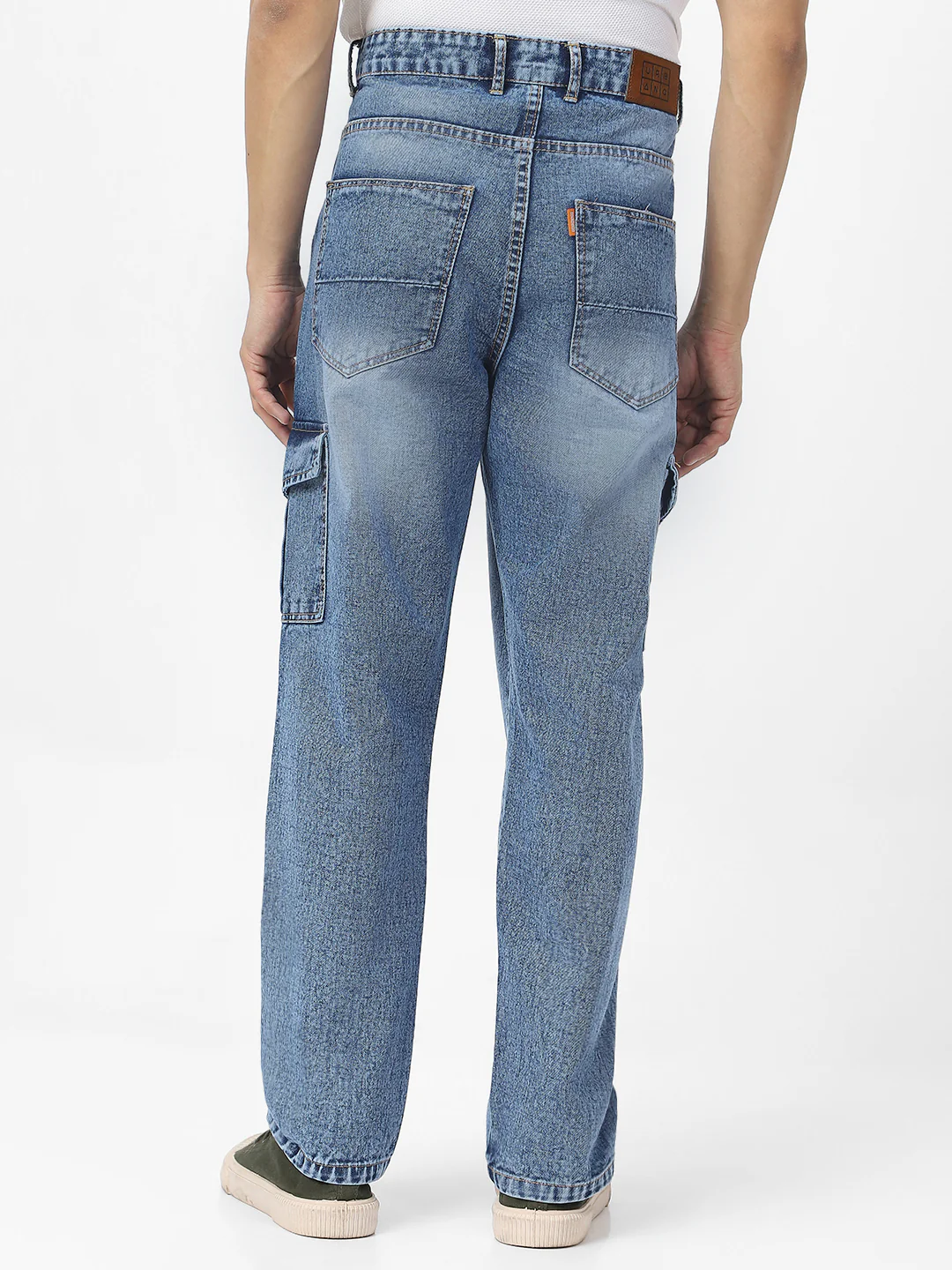 Men's Light Blue Loose Fit Cargo Jeans With 6 Pockets Non Stretchable - Image 3