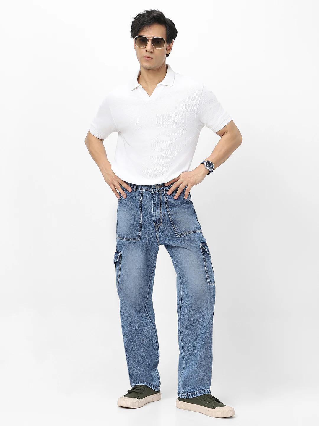 Men's Light Blue Loose Fit Cargo Jeans With 6 Pockets Non Stretchable - Image 4