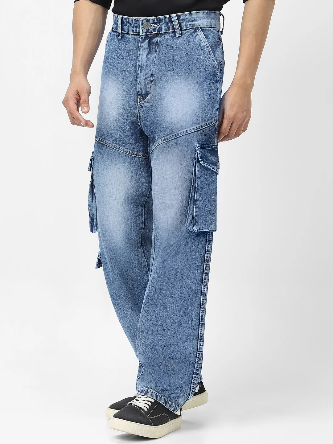 Men's Light Blue Loose Fit Cargo Jeans With 7 Pockets Non Stretchable - Image 2