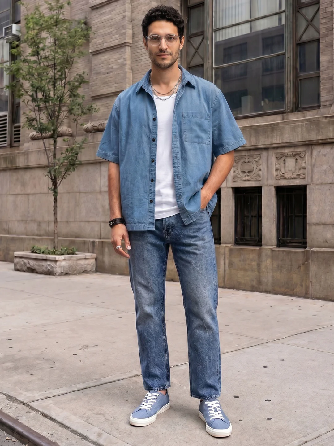 Men's Light Blue Oversized Fit Half Sleeve Solid Casual Denim Shirt - Image 4