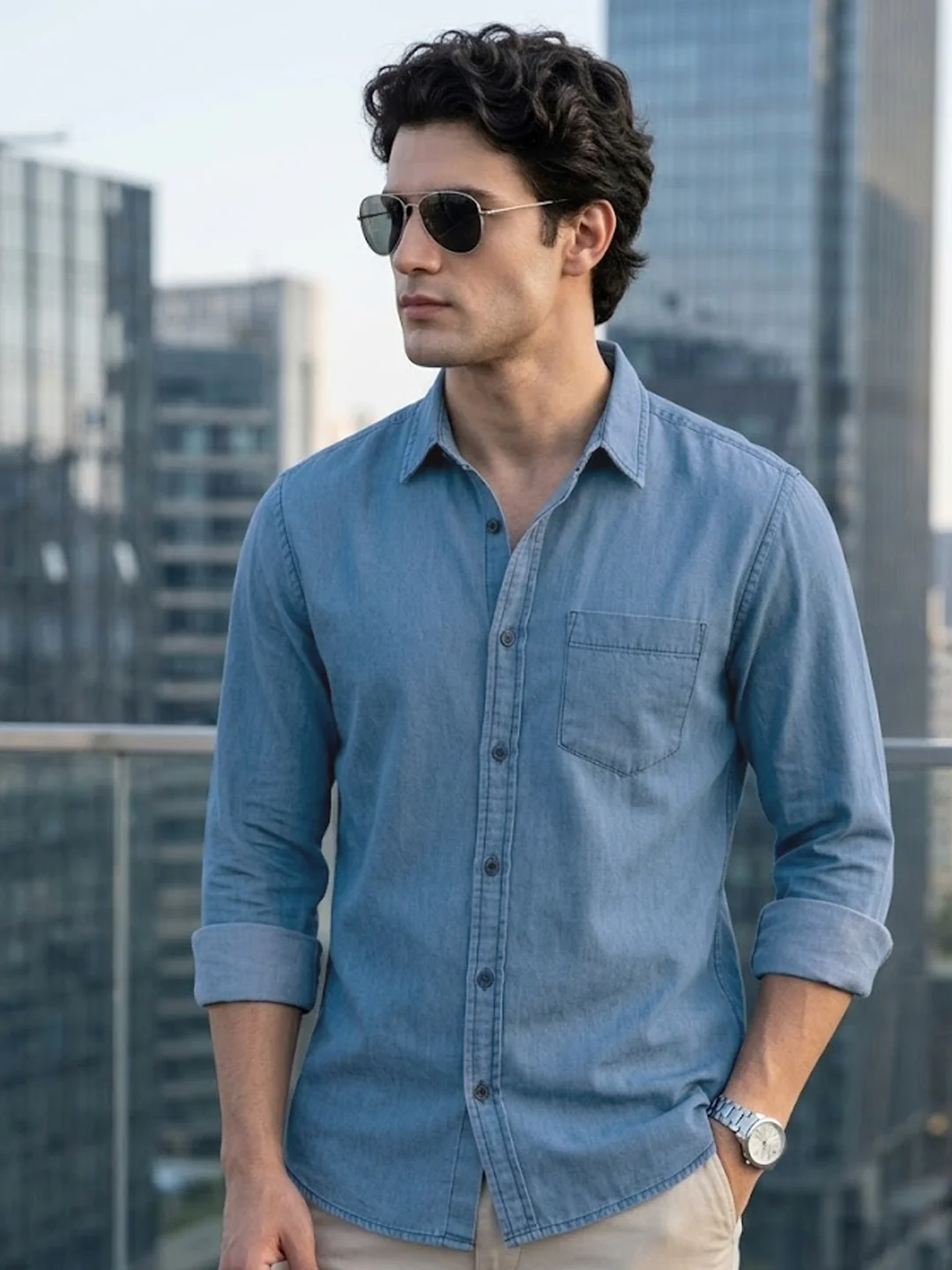 Men's Light Blue Regular Fit Full Sleeve Solid Denim Shirt