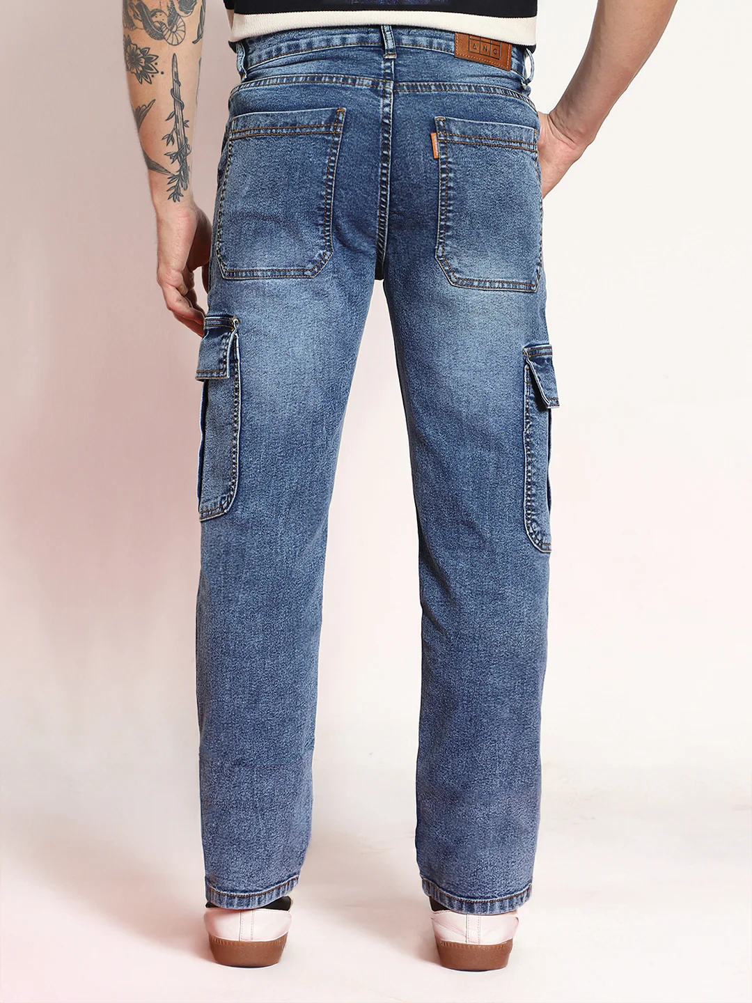 Men's Light Blue Regular Fit Washed Cargo Jeans With 6 Pockets Stretchable - Image 3