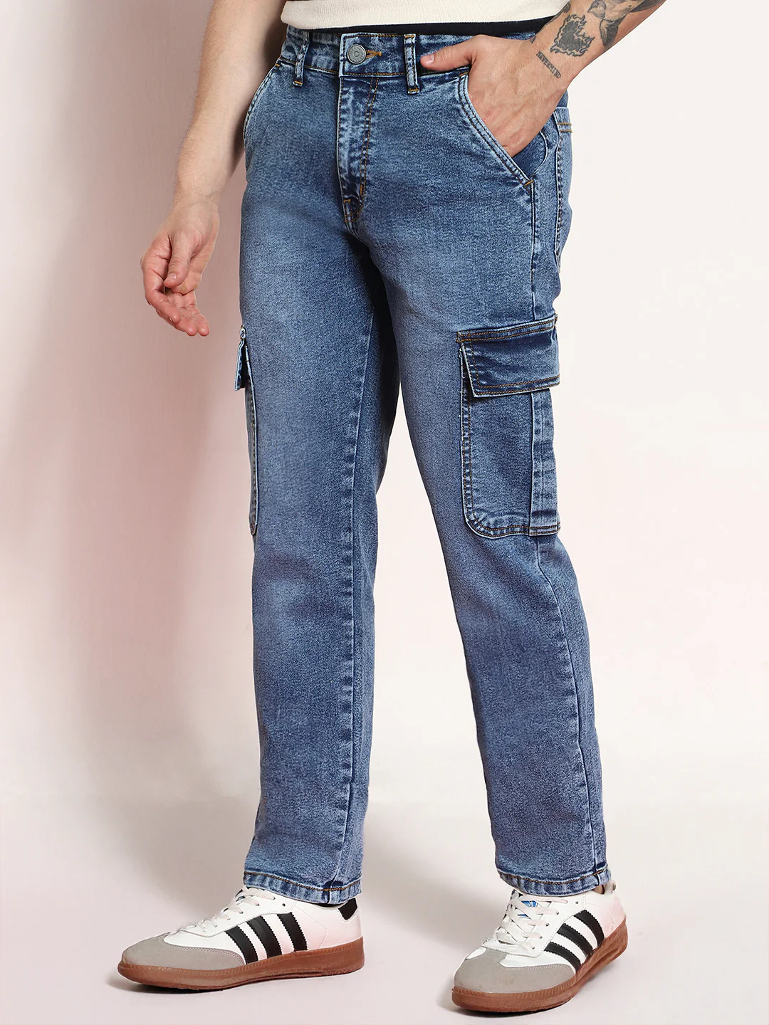 Men's Light Blue Regular Fit Washed Cargo Jeans With 6 Pockets Stretchable - Image 4