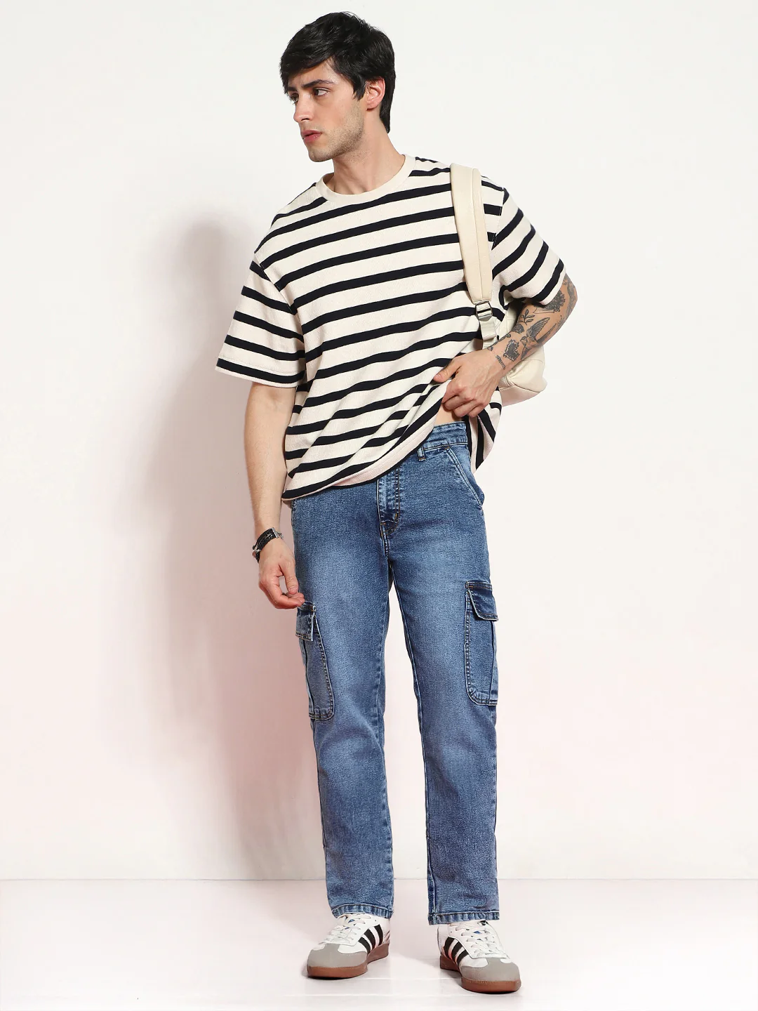 Men's Light Blue Regular Fit Washed Cargo Jeans With 6 Pockets Stretchable - Image 5