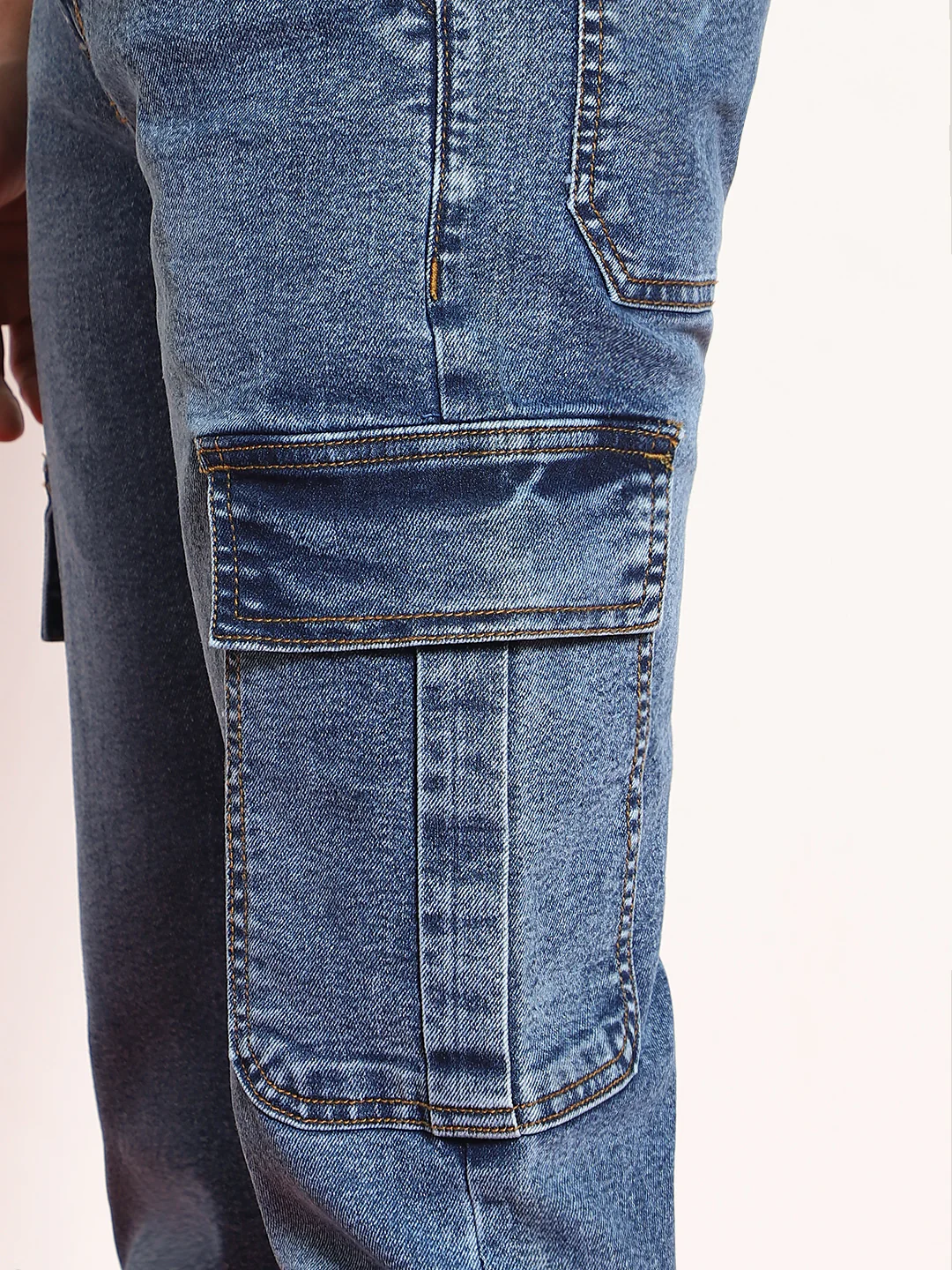 Men's Light Blue Regular Fit Washed Cargo Jeans With 6 Pockets Stretchable - Image 6