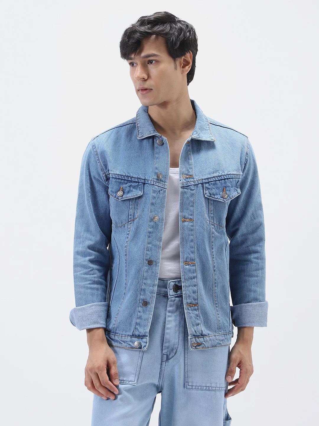 Men's Light Blue Solid Regular Fit Washed Full Sleeve Denim Jacket - Image 2