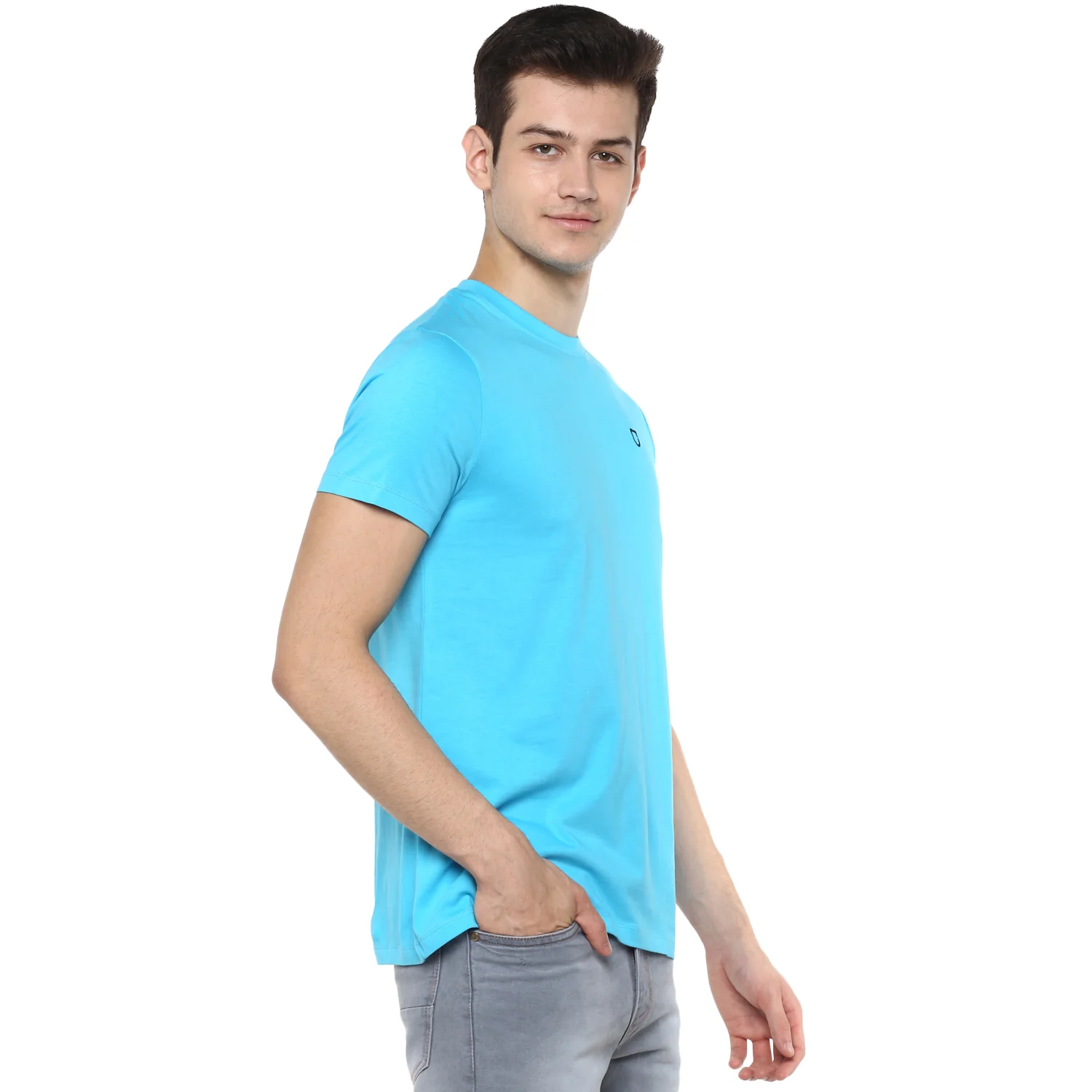 Men's Light Blue Solid Slim Fit Round Neck Cotton T-Shirt - Image 2