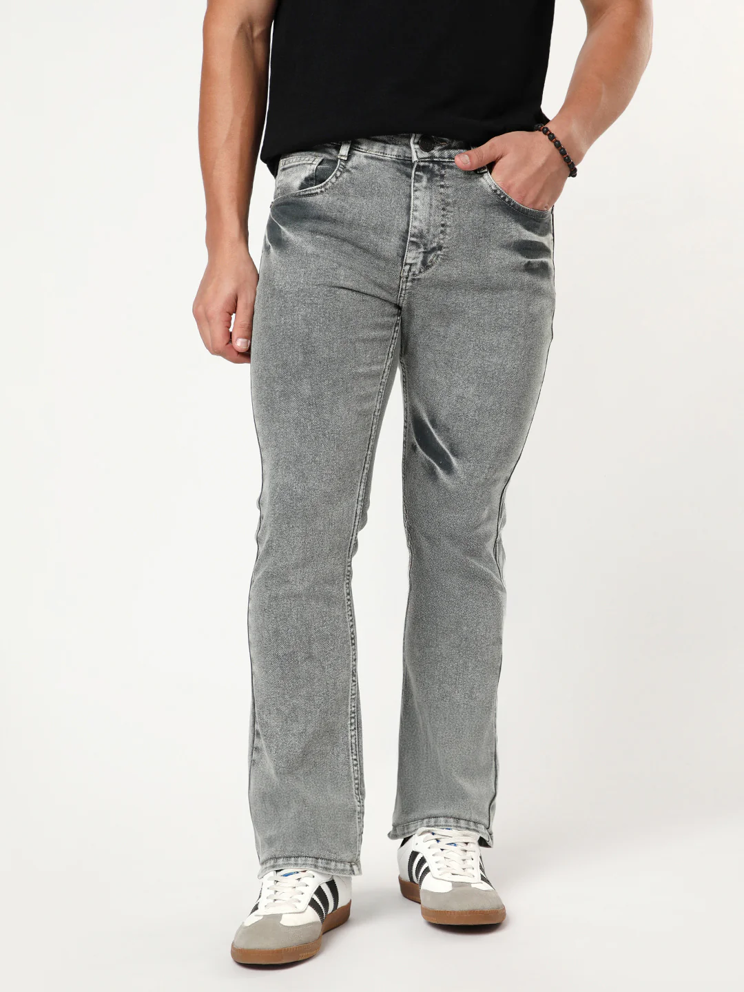 Men's Light Grey Bootcut Fit Mid Rise Acid Wash Jeans Stretchable