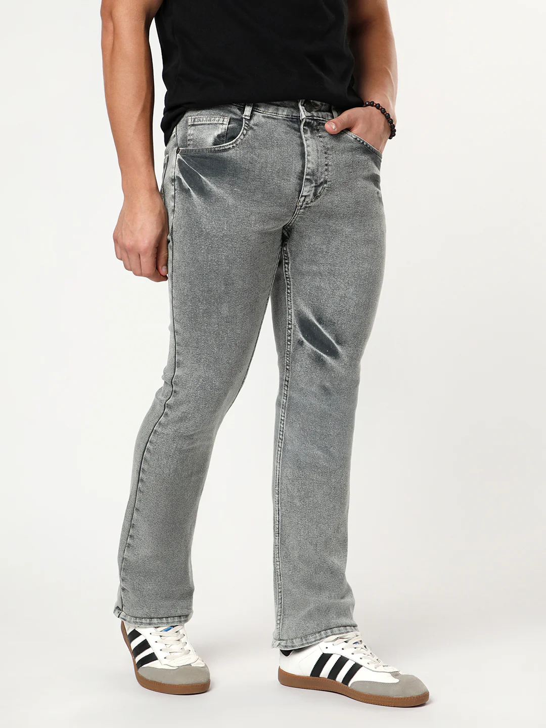 Men's Light Grey Bootcut Fit Mid Rise Acid Wash Jeans Stretchable - Image 2