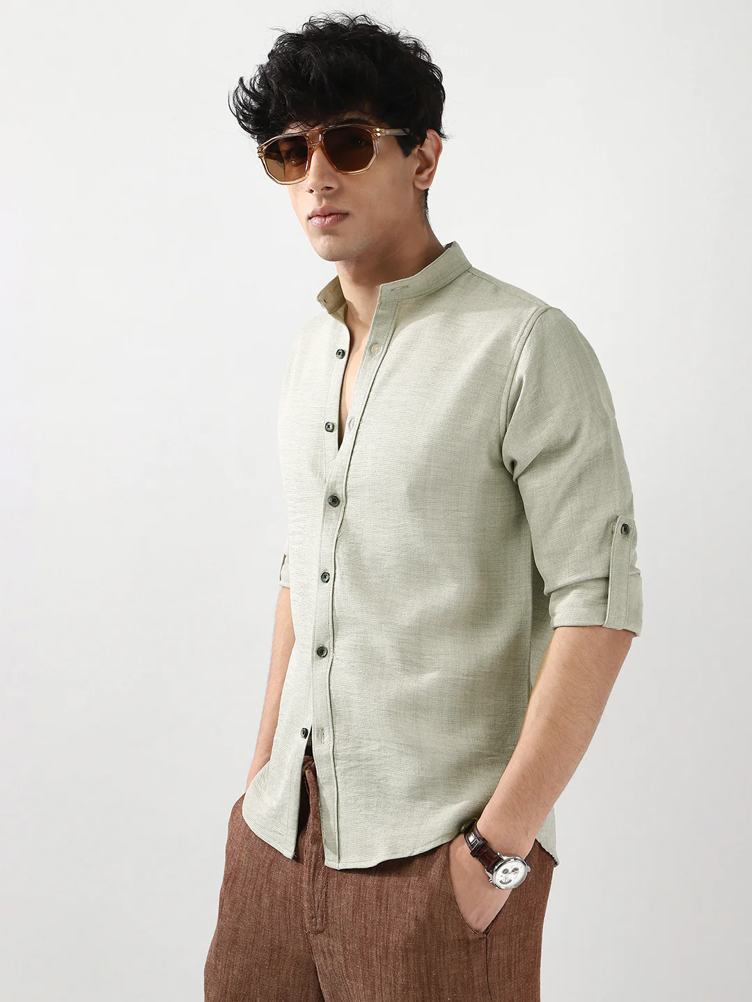 Men's Light Grey Linen Blend Full Sleeve Relaxed Fit Mandarin Collar Casual Solid Shirt - Image 3