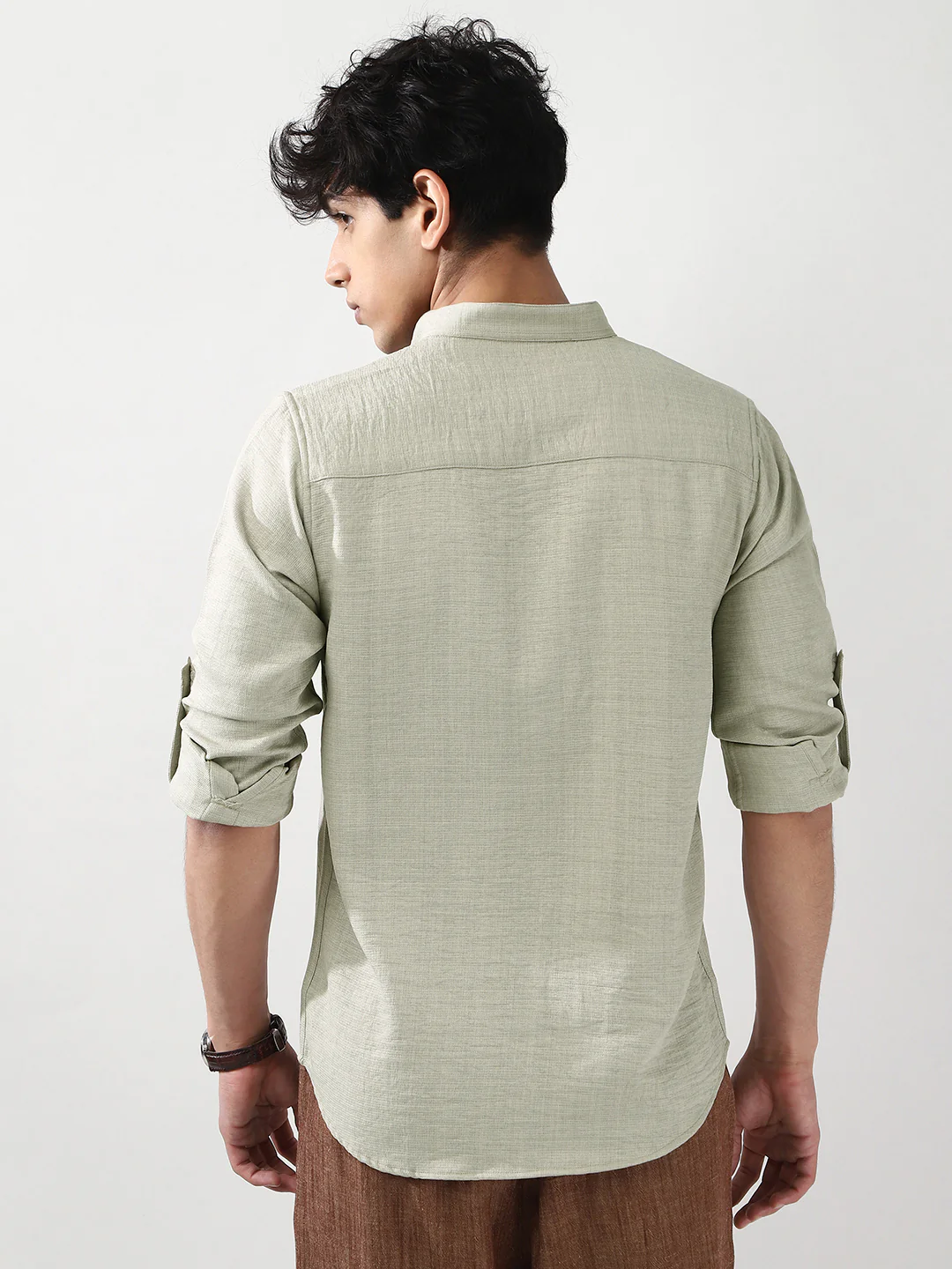 Men's Light Grey Linen Blend Full Sleeve Relaxed Fit Mandarin Collar Casual Solid Shirt - Image 4