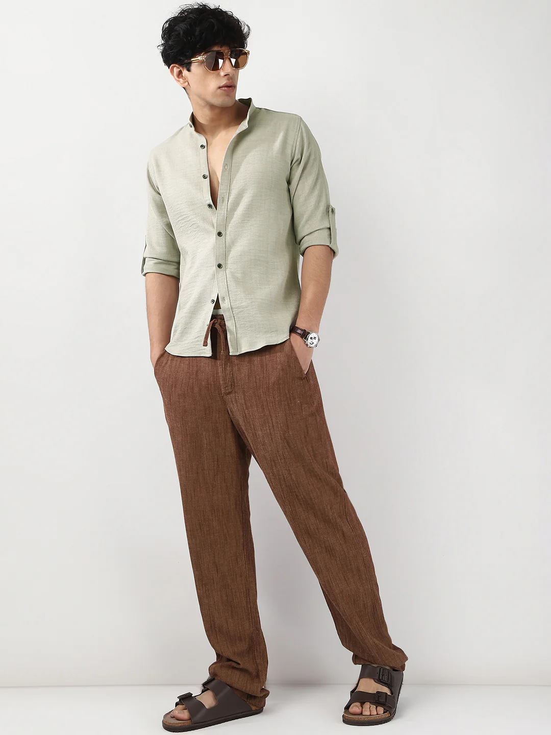 Men's Light Grey Linen Blend Full Sleeve Relaxed Fit Mandarin Collar Casual Solid Shirt - Image 5