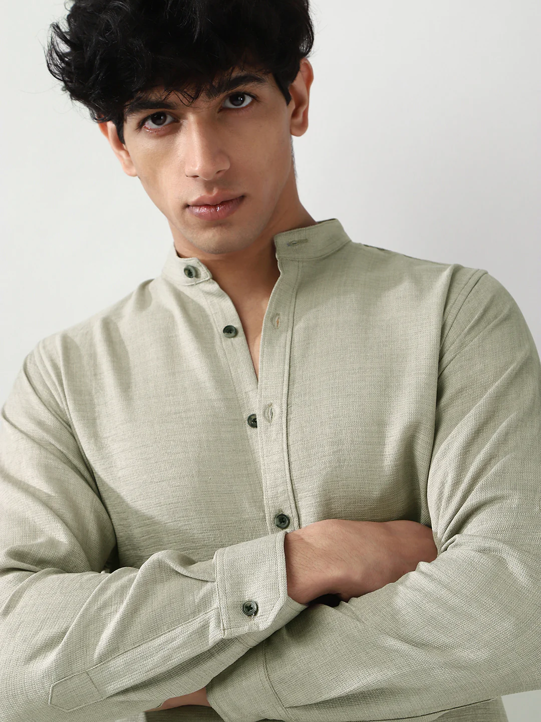 Men's Light Grey Linen Blend Full Sleeve Relaxed Fit Mandarin Collar Casual Solid Shirt - Image 6