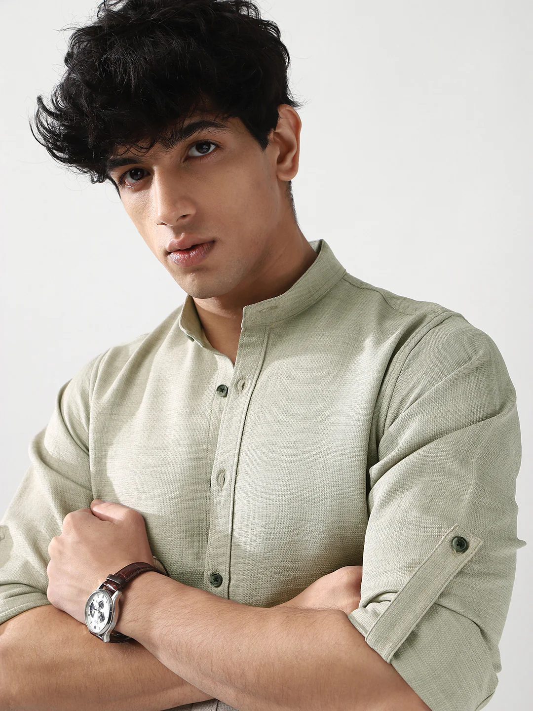 Men's Light Grey Linen Blend Full Sleeve Relaxed Fit Mandarin Collar Casual Solid Shirt - Image 7