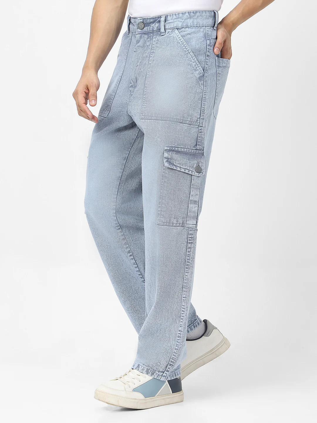 Men's Light Grey Loose Fit Cargo Jeans With 6 Pockets Non Stretchable - Image 2