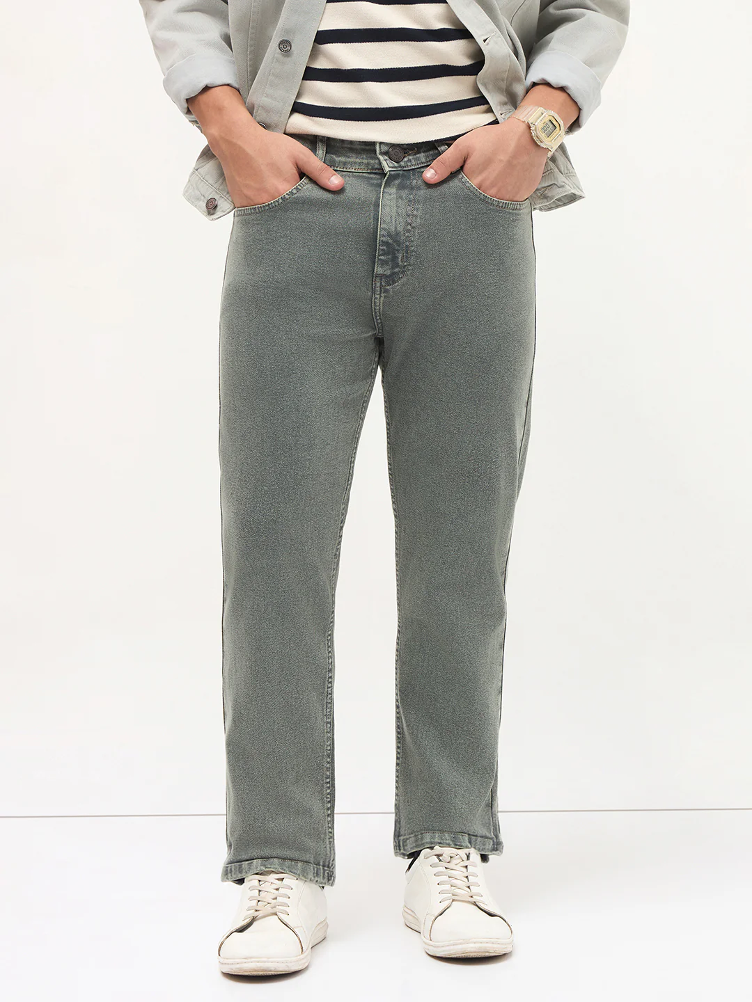 Men's Light Grey Regular Fit Towel Washed Yellow Tint Denim Jeans Stretchable - Image 2