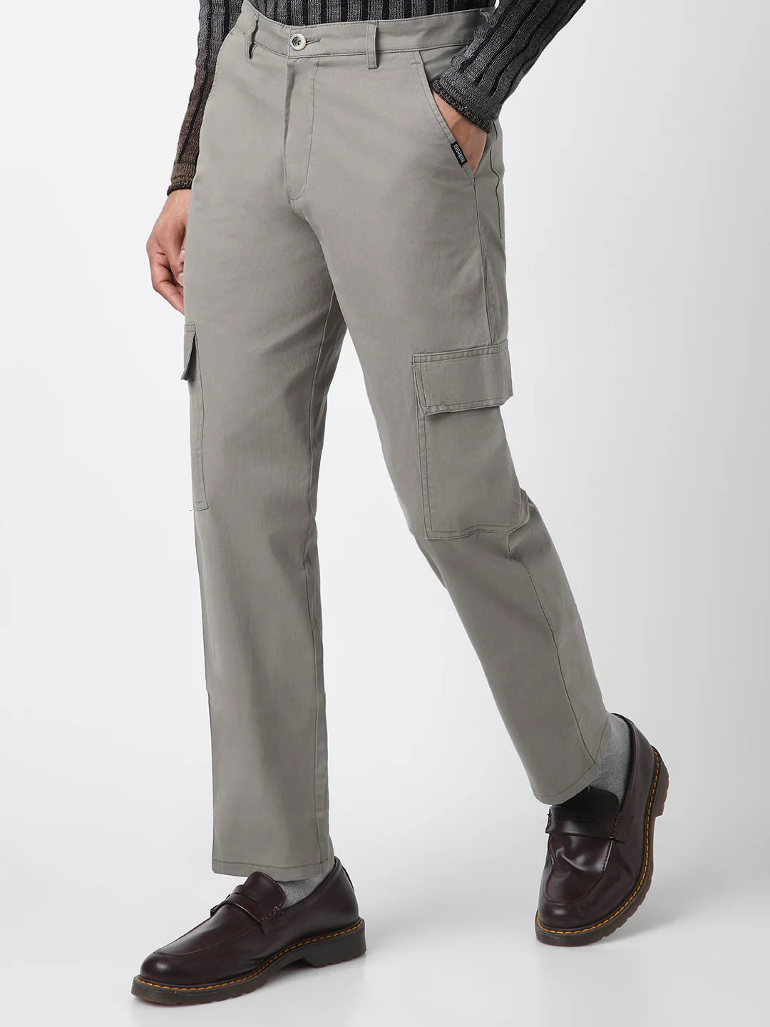 Men's Light Grey Regular Fit Solid Cargo Chino Pant with 6 Pockets Stretchable - Image 2