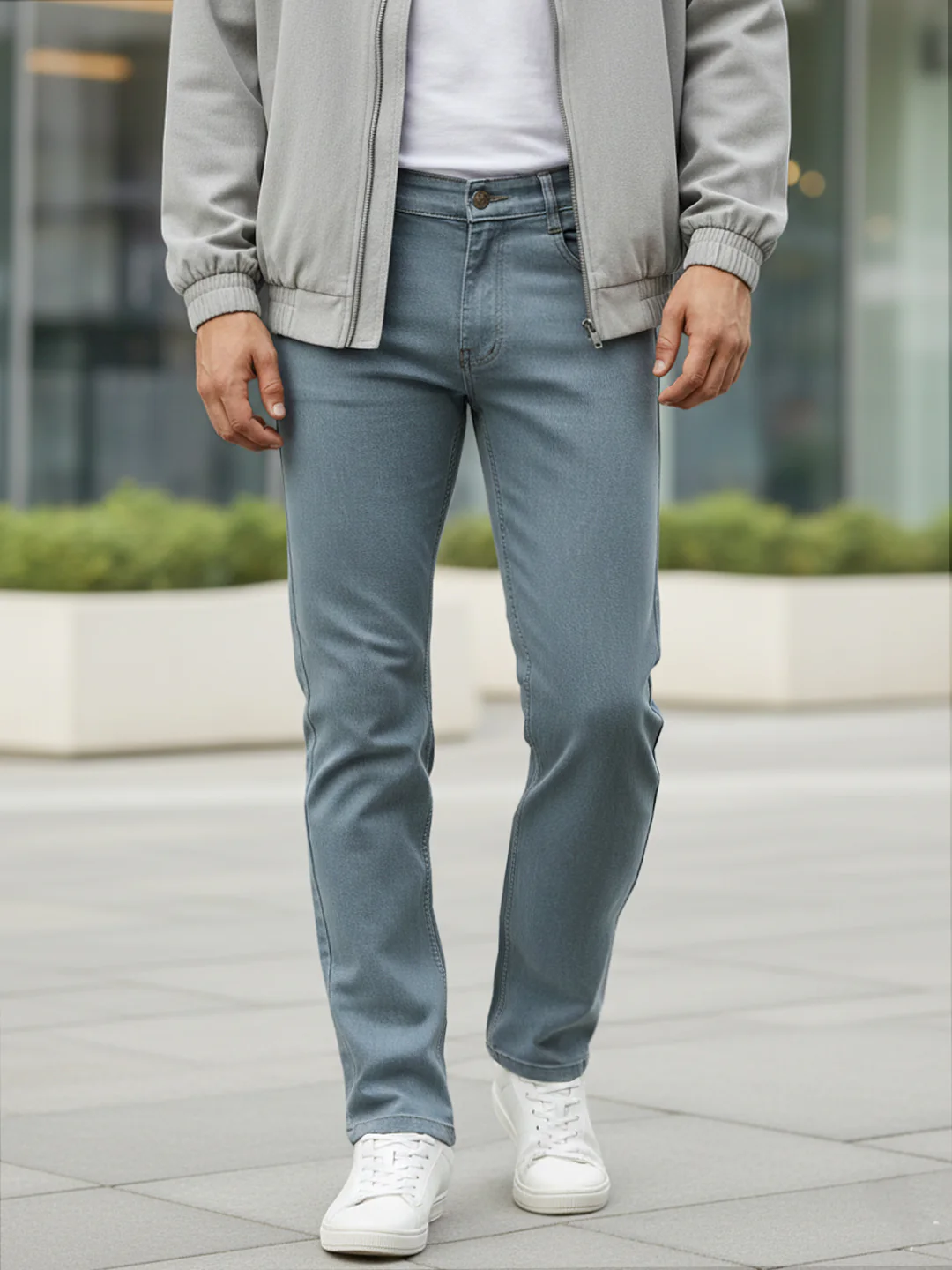 Men's Light Grey Regular Fit Washed Jeans Stretchable