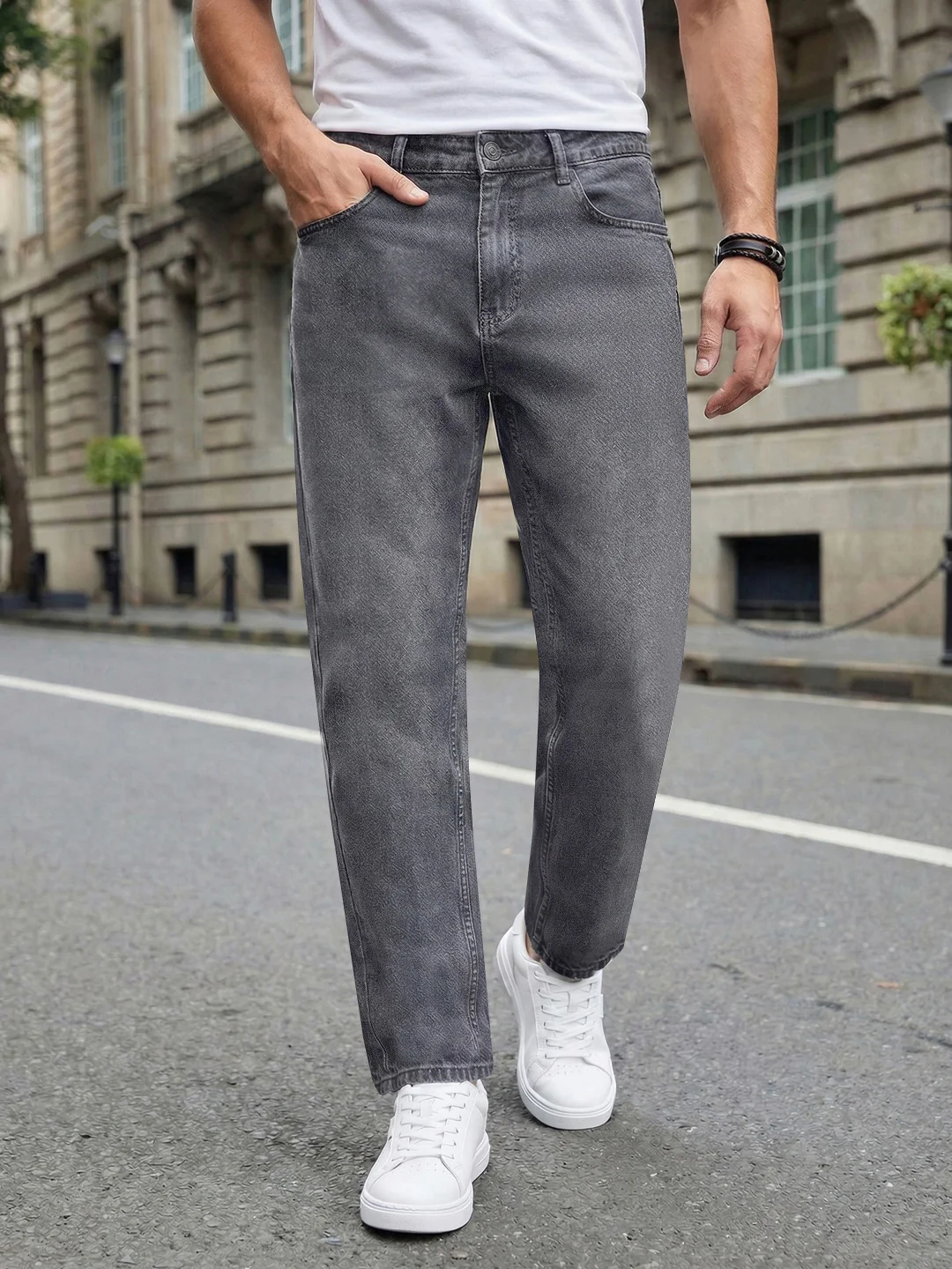 Men's Light Grey Relaxed Fit Washed Denim Jeans Non-Stretchable