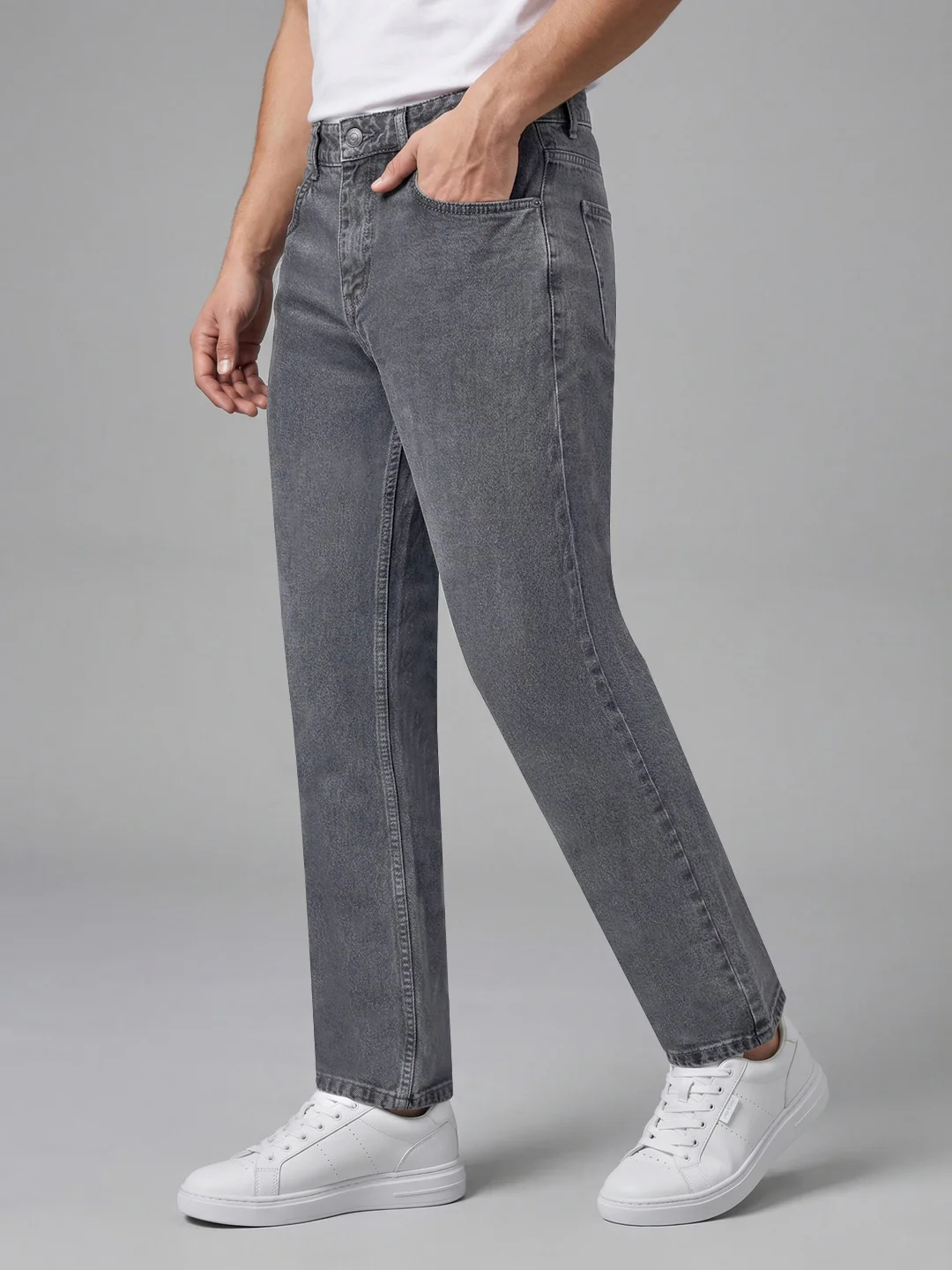 Men's Light Grey Relaxed Fit Washed Denim Jeans Non-Stretchable - Image 2