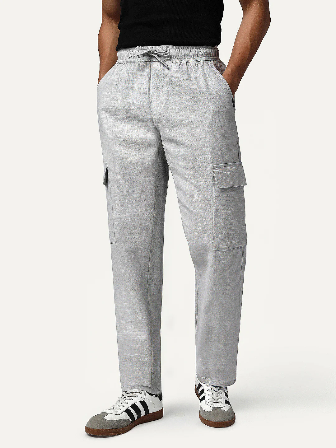 Men's Light Grey Straight Fit Linen Cargo Pants with 6 Pockets - Image 2