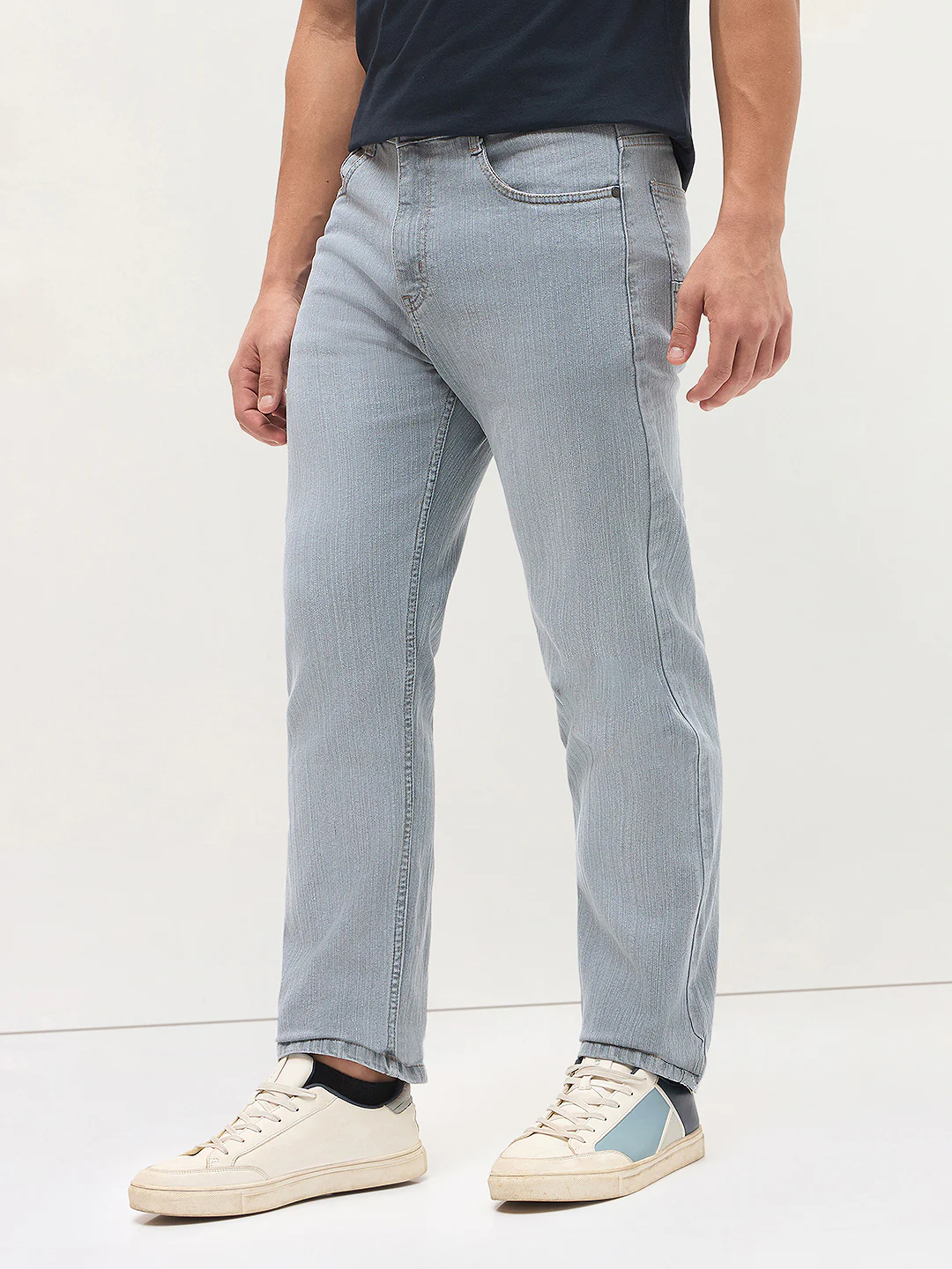 Men's Light Grey Straight Fit Washed Denim Jeans Stretchable - Image 2