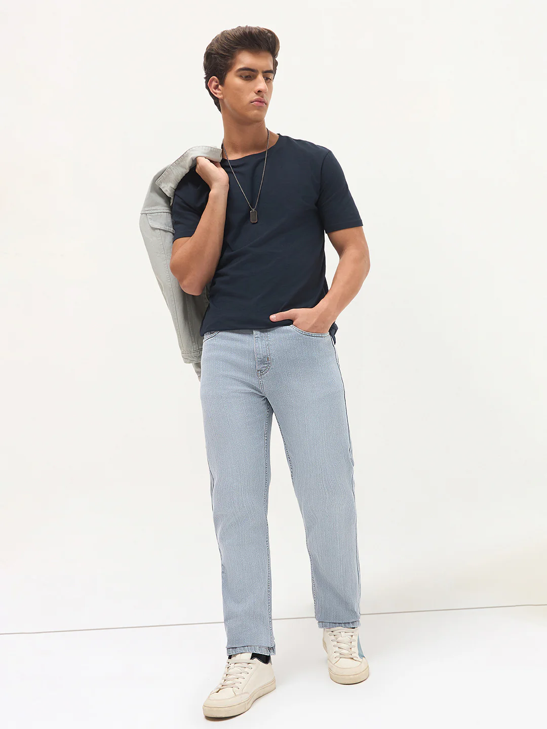 Men's Light Grey Straight Fit Washed Denim Jeans Stretchable - Image 4