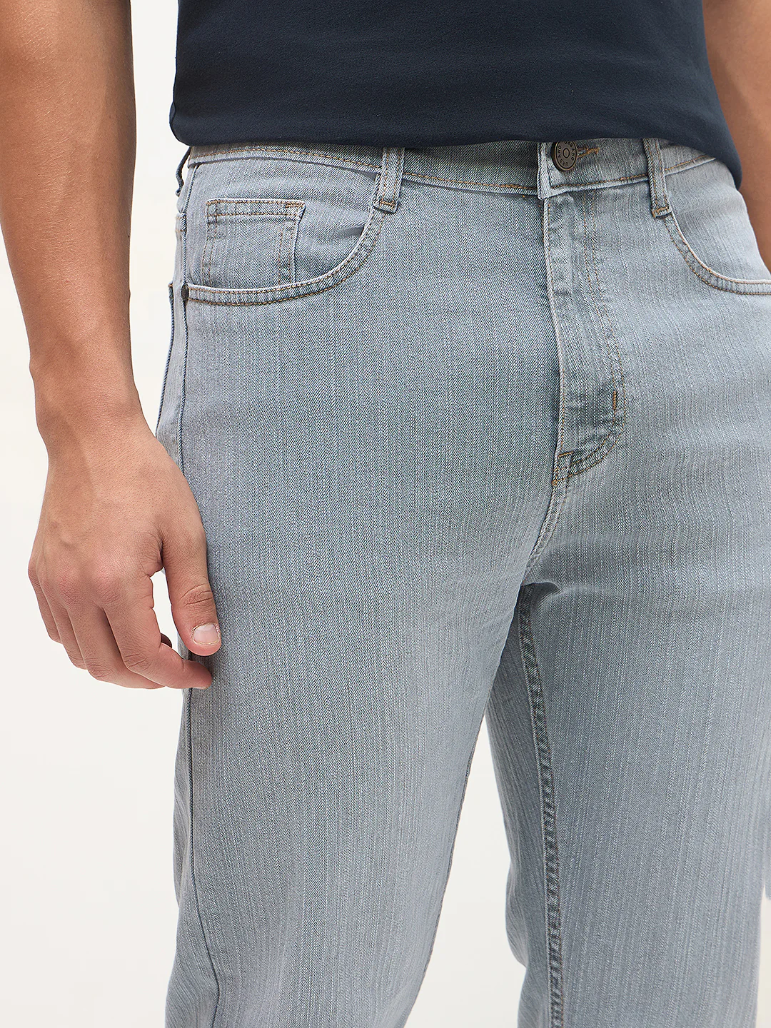 Men's Light Grey Straight Fit Washed Denim Jeans Stretchable - Image 5