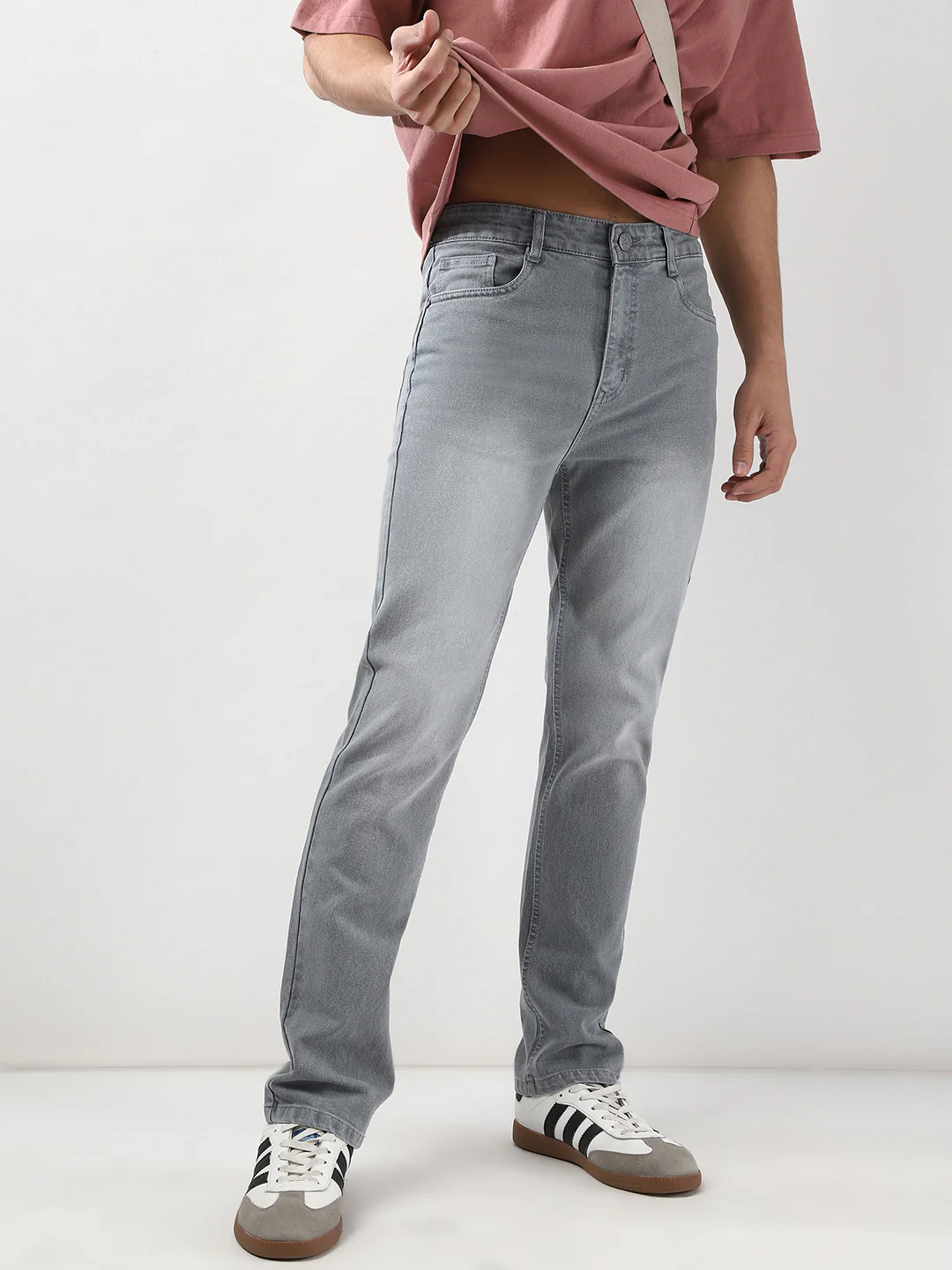 Men's Light Grey Straight Fit Washed Jeans Stretchable - Image 2
