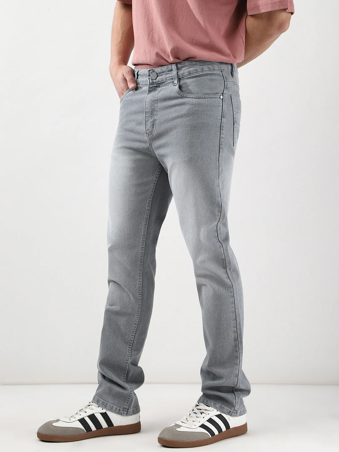 Men's Light Grey Straight Fit Washed Jeans Stretchable - Image 3