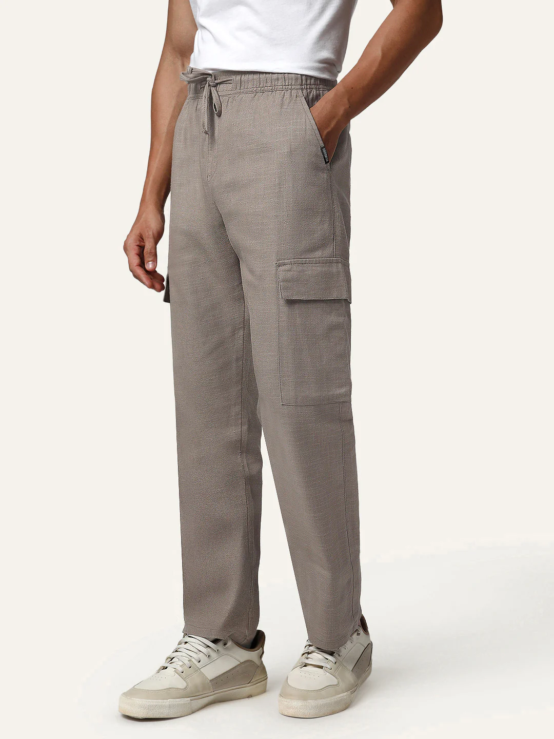 Men's Light Khaki Straight Fit Linen Cargo Pants with 6 Pockets - Image 2