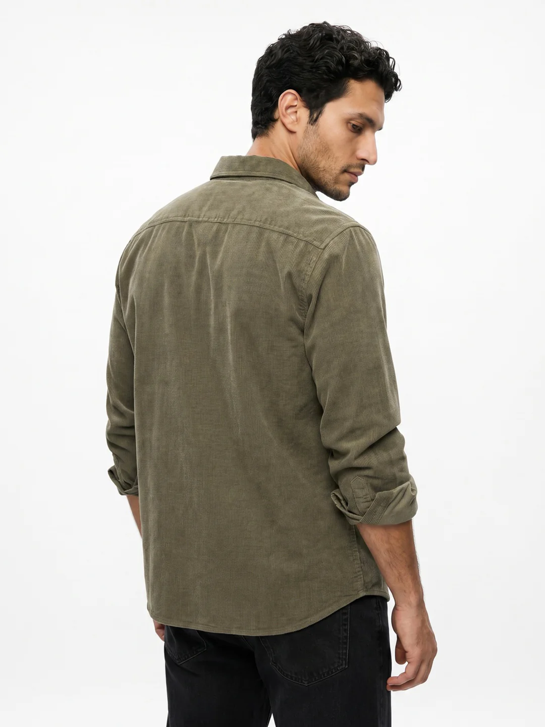 Men's Light Olive Corduroy Full Sleeve Regular Fit Solid Overshirt with Utility Pockets - Image 3