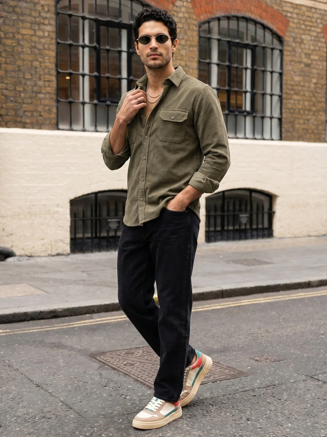 Men's Light Olive Corduroy Full Sleeve Regular Fit Solid Overshirt with Utility Pockets - Image 4