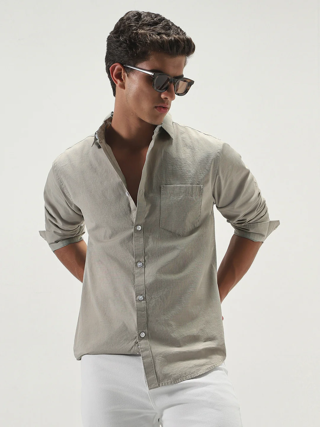 Men's Light Olive Cotton Full Sleeve Regular Fit Casual Solid Slub Shirt with Spread Collar