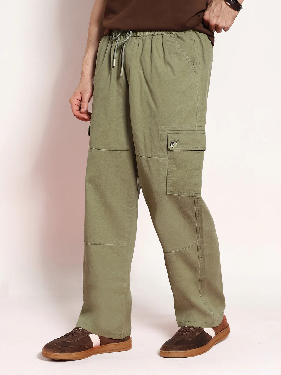 Men's Light Olive Loose Baggy Fit Cargo Jogger Chino Pant with 6 Pockets Stretchable - Image 2