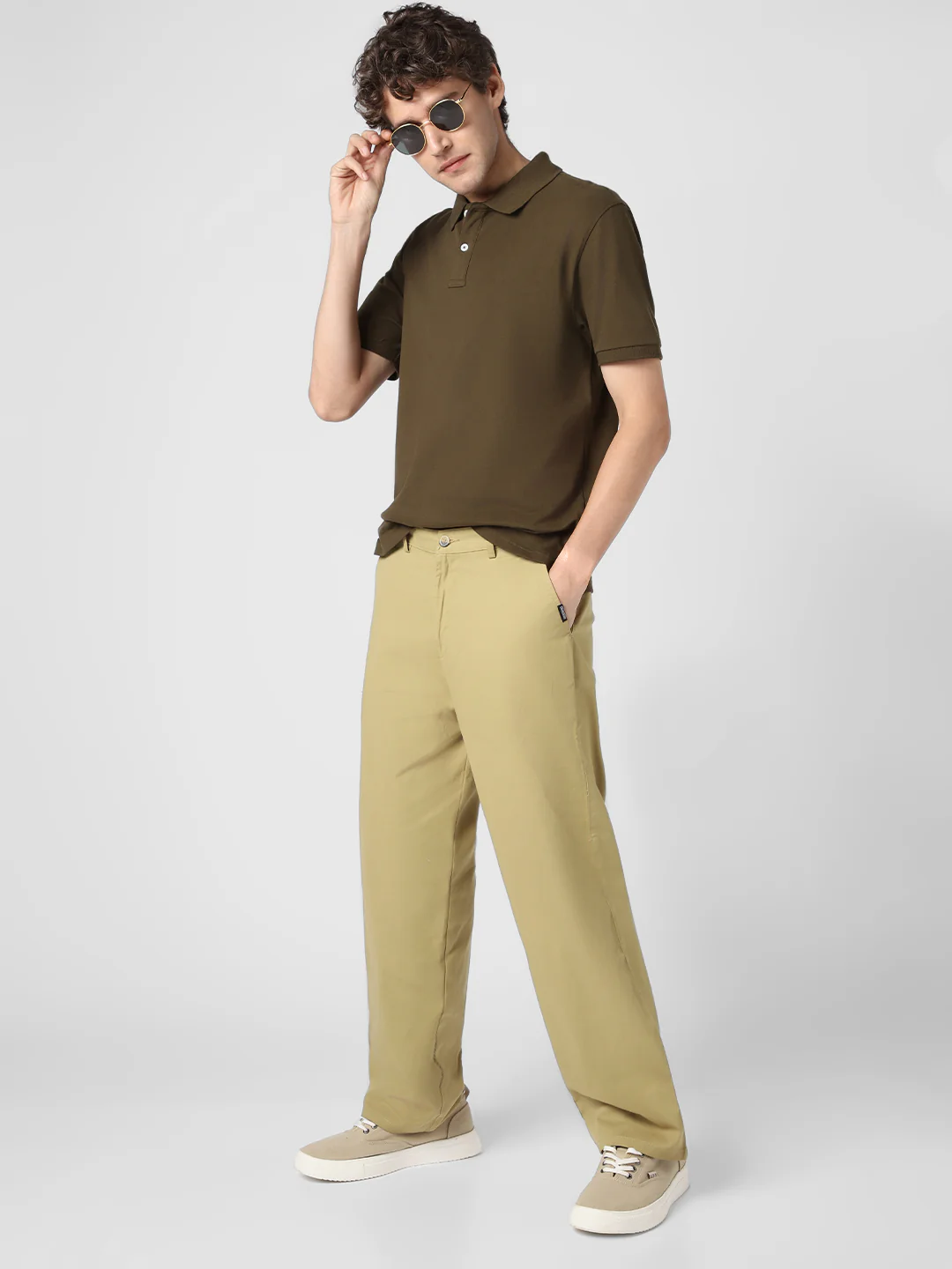 Men's Light Olive Loose Baggy Fit Solid Chino Trousers Non-Stretchable - Image 4