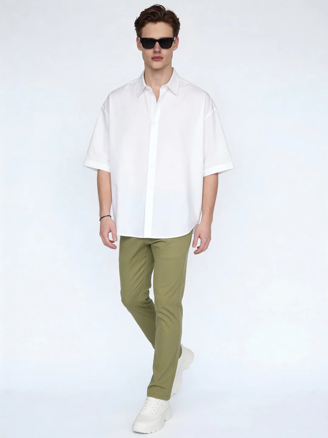 Men's Light Olive Straight Fit Mid Rise Cotton Casual Chinos Trousers Stretch - Image 4