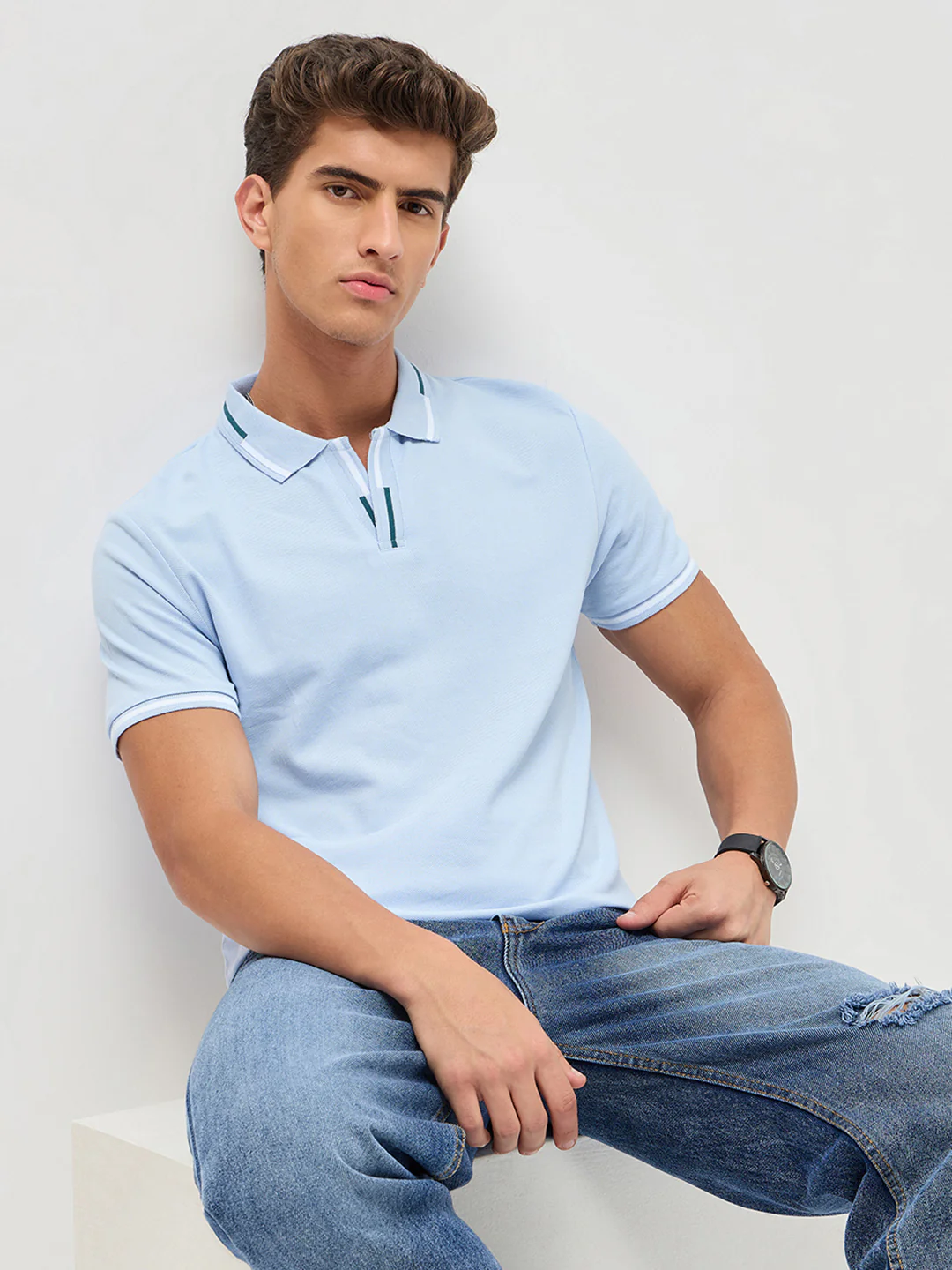 Men's Light Sky Blue Solid Regular Fit Half Sleeve Cotton Polo T-Shirt