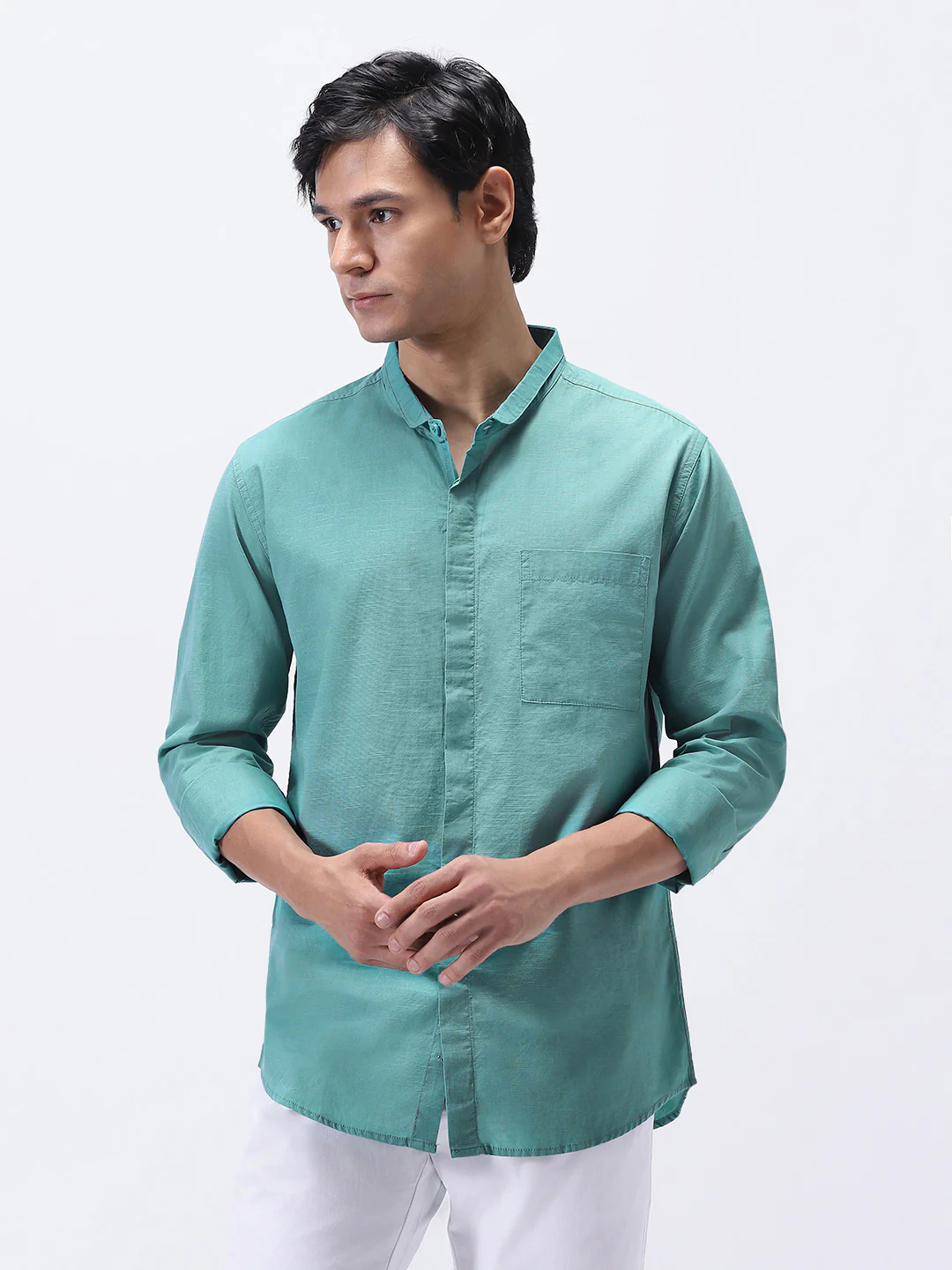 Men's Light Teal Cotton Full Sleeve Regular Fit Casual Solid Shirt with Band Collar