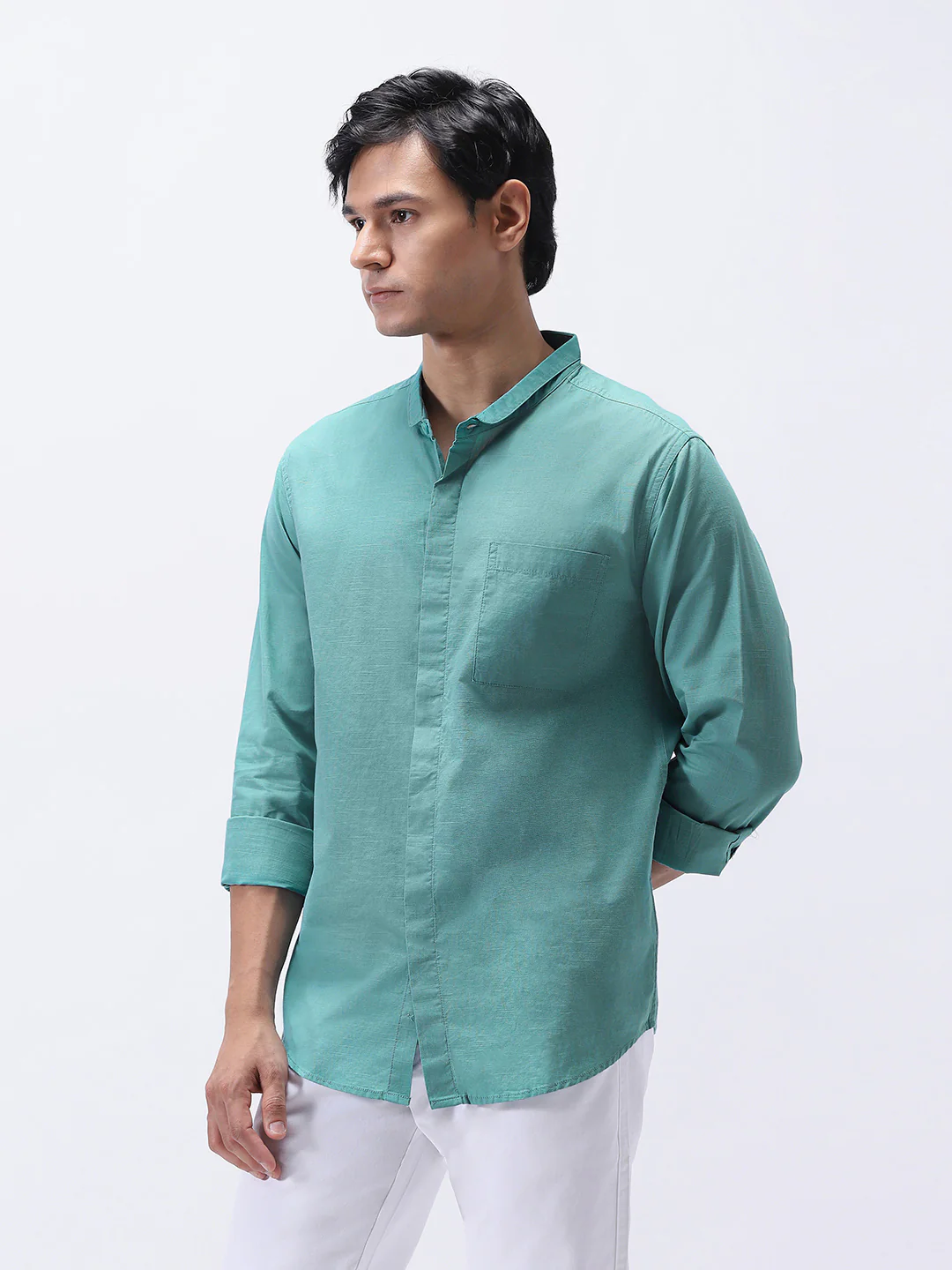 Men's Light Teal Cotton Full Sleeve Regular Fit Casual Solid Shirt with Band Collar - Image 2