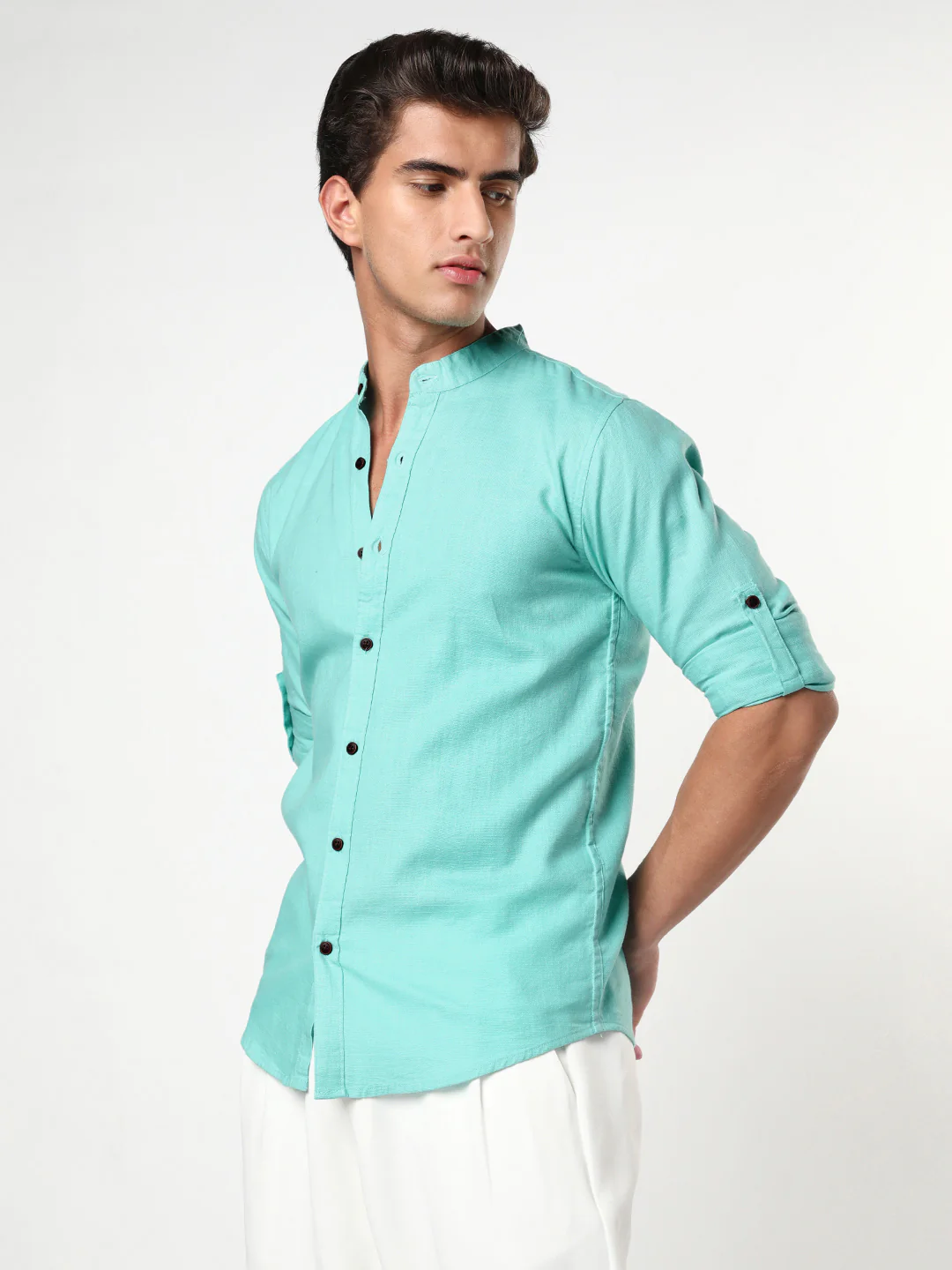 Men's Light Teal Linen Blend Full Sleeve Relaxed Fit Mandarin Collar Casual Solid Shirt - Image 3