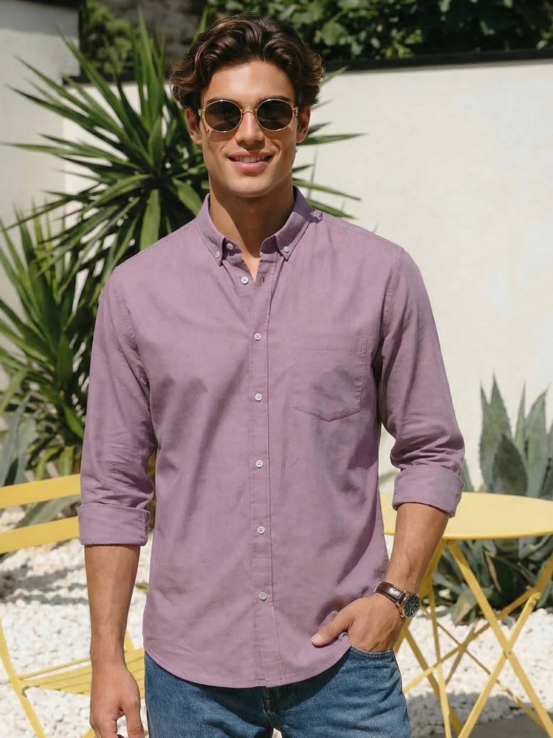 Men's Lilac Cotton Full Sleeve Regular Fit Solid Oxford Shirt With Button-Down Collar