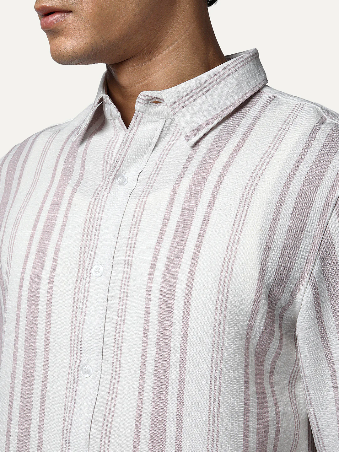 Men's Lilac Cotton Full Sleeve Relaxed Fit Linen Striped Shirt with Spread Collar - Image 6
