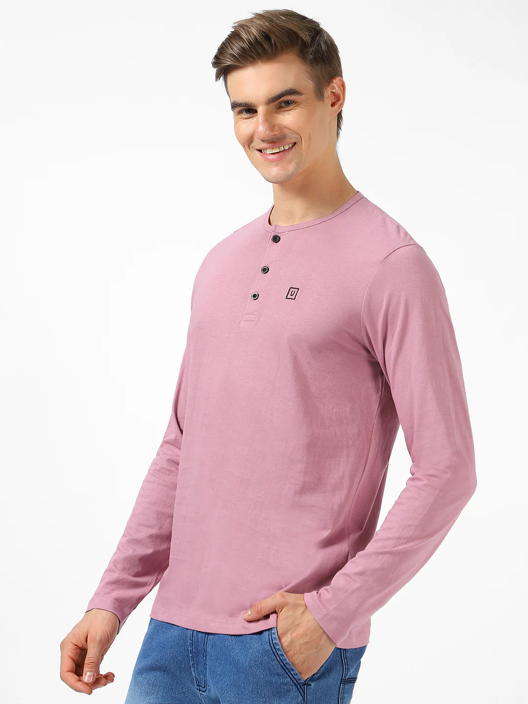 Men's Lilac Solid Henley Neck Slim Fit Full Sleeve Cotton T-Shirt - Image 2