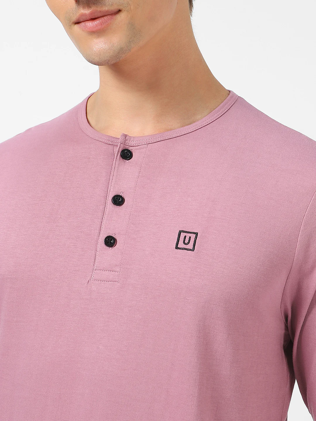 Men's Lilac Solid Henley Neck Slim Fit Full Sleeve Cotton T-Shirt - Image 5