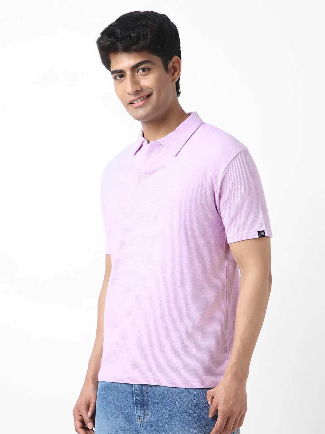 Men's Lilac Textured Regular Fit Half Sleeve Cotton Polo T-Shirt - Image 4